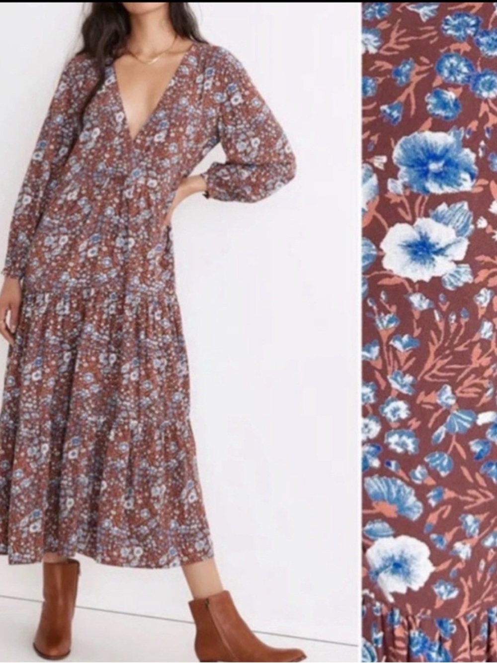 Madewell Brown Floral V-Neck Dress Medium